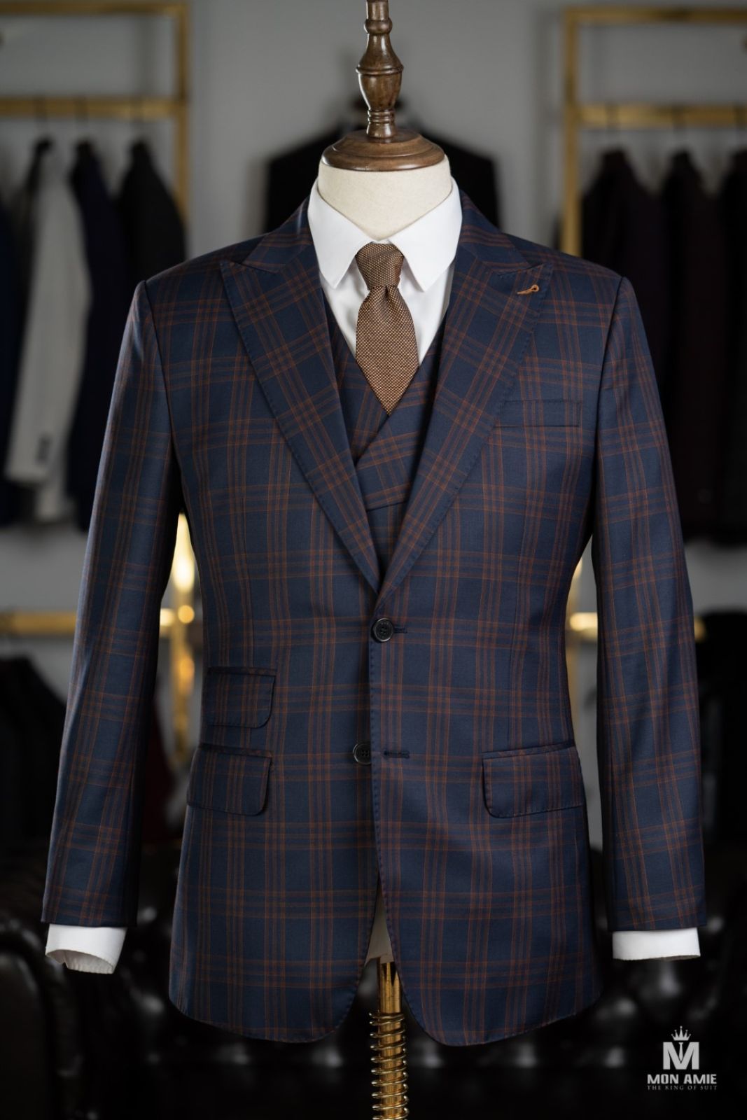 3 Pieces Brown Plaid Navy Suit  